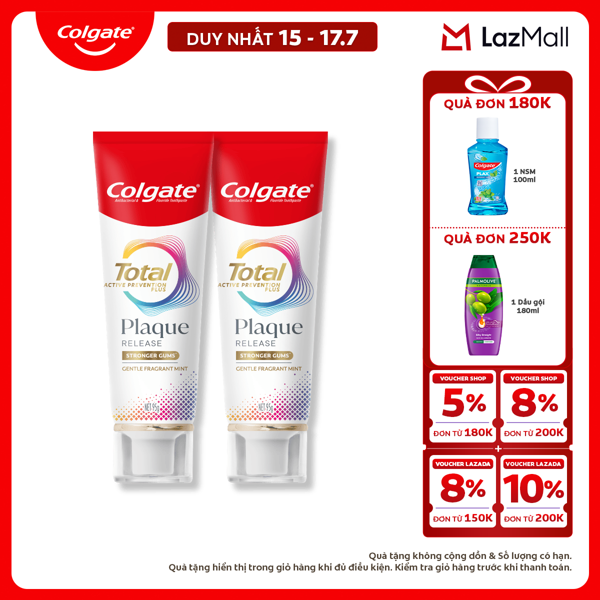 [Chỉ 15-17.7_X2 Voucher giảm đến 18%] Kem đánh răng Colgate Total Plaque Release 95g/tuýp giúp khỏe nướu, ngăn mảng bám hiệu quả gấp 3 lần