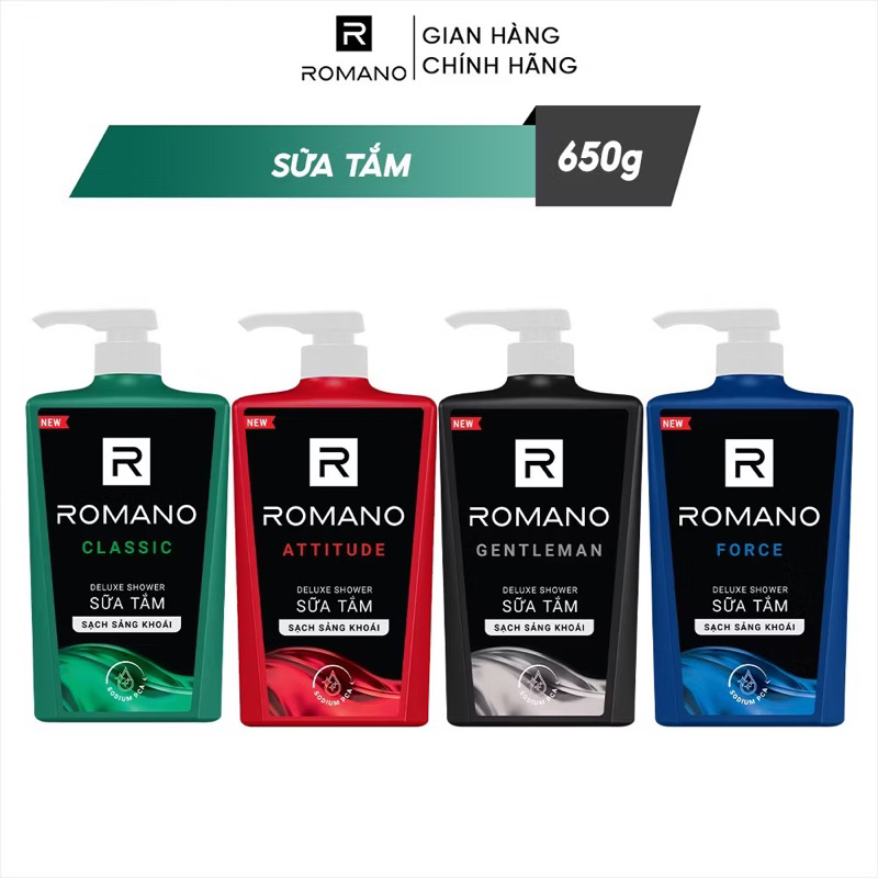 Sữa tắm Romano hương nước hoa Classic/ Attitude/ Force/ Gentleman 650g/chai - 4 mùi hương