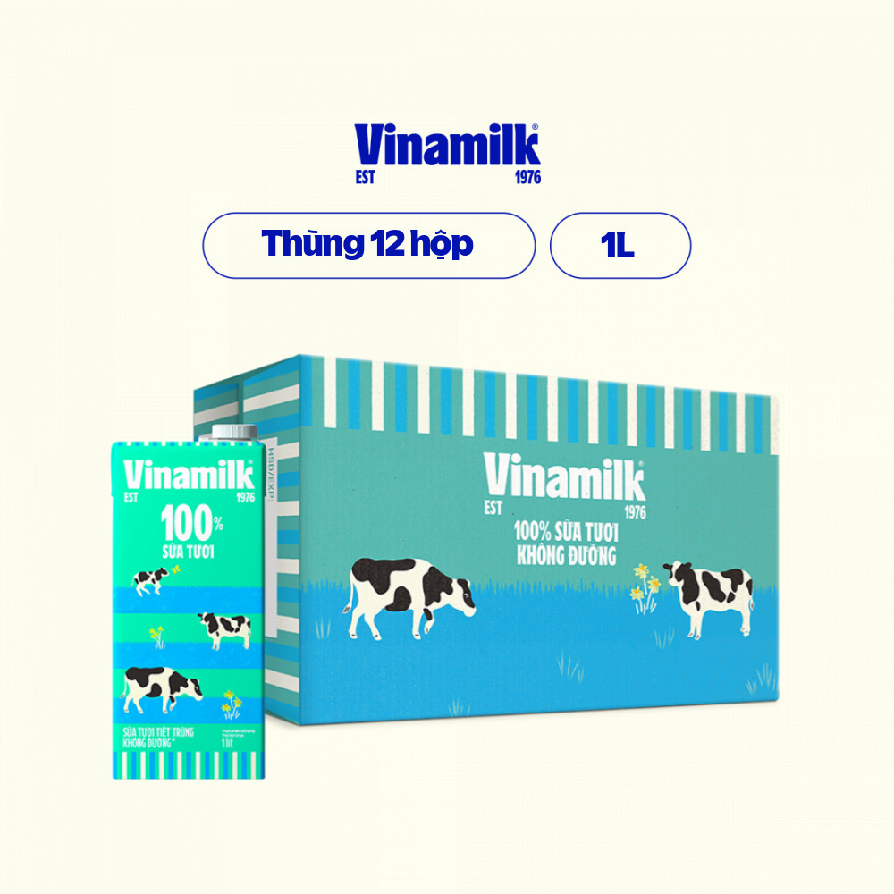 [Vinamilk] Thùng 12 Hộp Sữa Tươi Tiệt Trùng Vinamilk 100% Không Đường Hộp Giấy - 1L/hộp