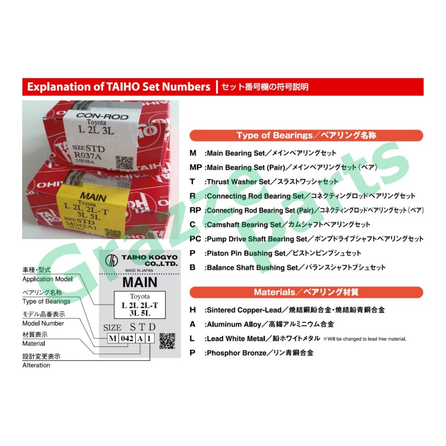 Taiho Main Bearing 040 (1.00mm) Size M3105A for Hyundai Accent 1.5 Getz 1.3 Matrix 1.6