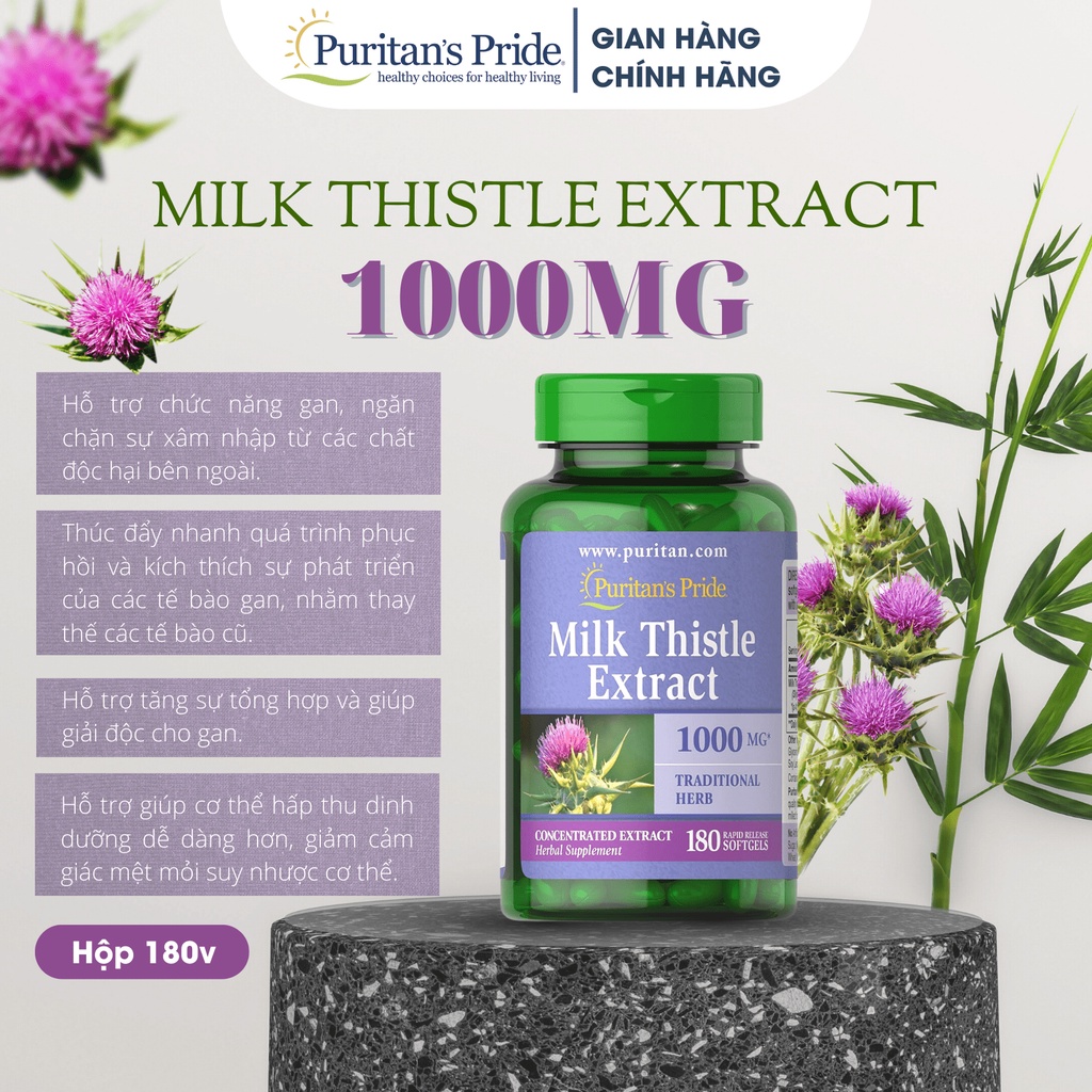 Thải độc gan Puritan's Pride Milk Thistle Extract 1000mg 90-180 viên giúp bổ gan, làm mát gan, tăng cường chức năng gan