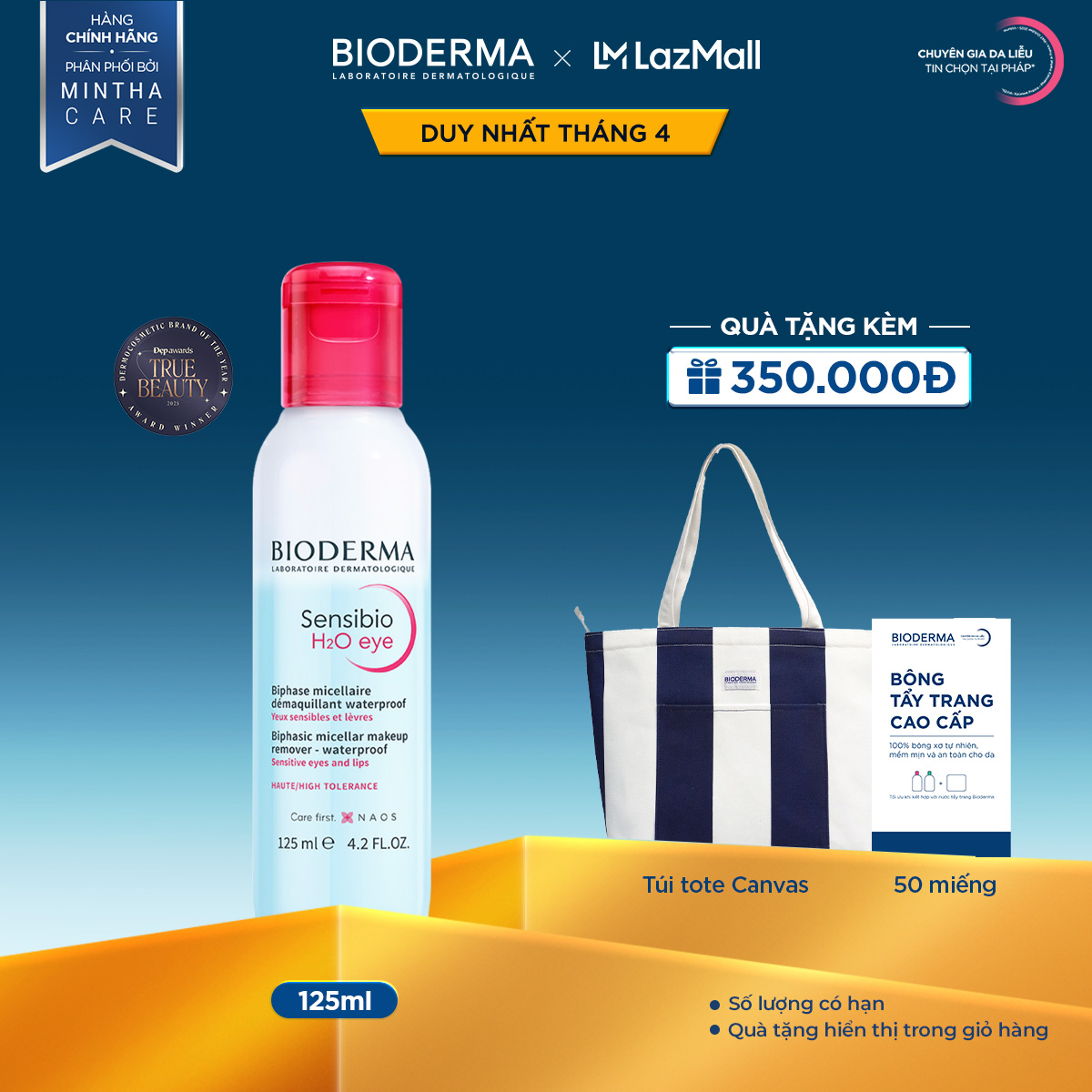 Tẩy trang mắt môi Micellar 2 lớp thế hệ mới: Sạch thoáng  Mềm ẩm Bioderma Sensibio H2O Eye - 125ml
