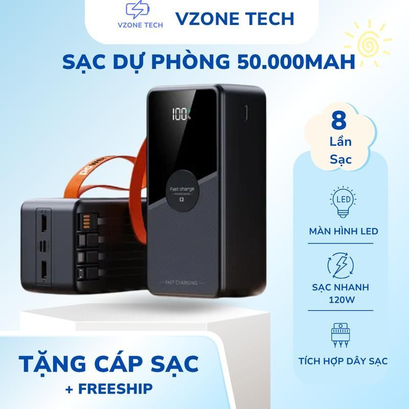 SẠC DỰ PHÒNG 50000mAh | SẠC NHANH 22.5/120W PD | MÀN HÌNH LED – HIỆN ĐẠI & THÔNG MINH VZT-232