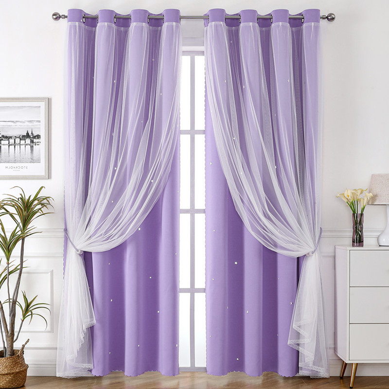 Lixin12 trẻ em khoét rỗng sao hai lớp rèm cửa vải xô phối ren màn vải sản phẩm hoàn chỉnh Màn Cửa & 