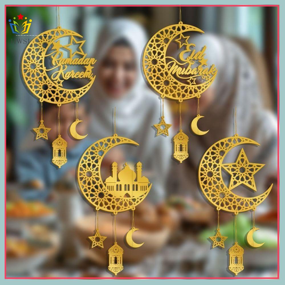 HWSJ Acrylic  dây chuyền tường Eid Mubarak Trang trí treo Vàng Đồ trang trí hình sao và  trăng Sáng tạo Gương Biển hiệu cửa Ramadan Kareem Đồ dùng tiệc tùng