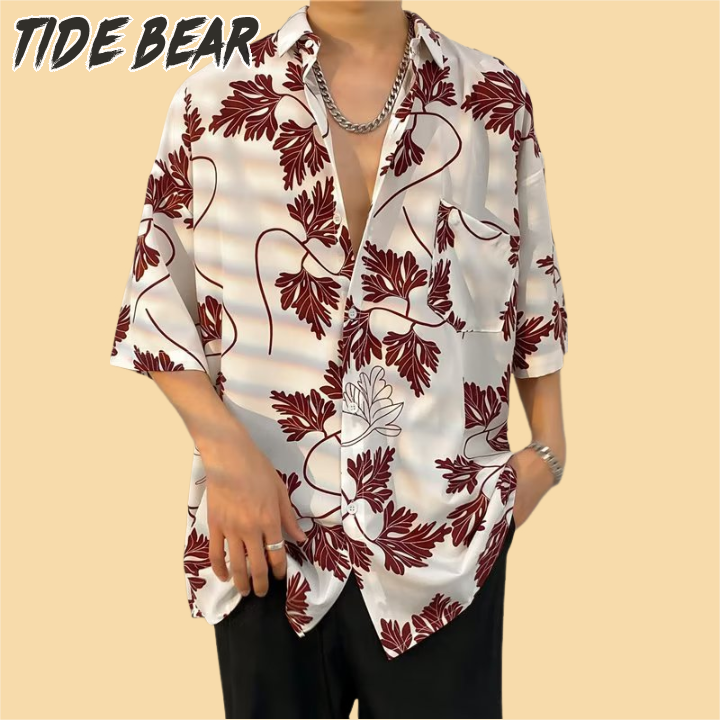 TIDE BEAR Men's Hawaiian Print Short Sleeve Shirt Loose Silky V-Neck Button Down Short Sleeve Shirt ราคา 130 บาท*ส่งฟรี