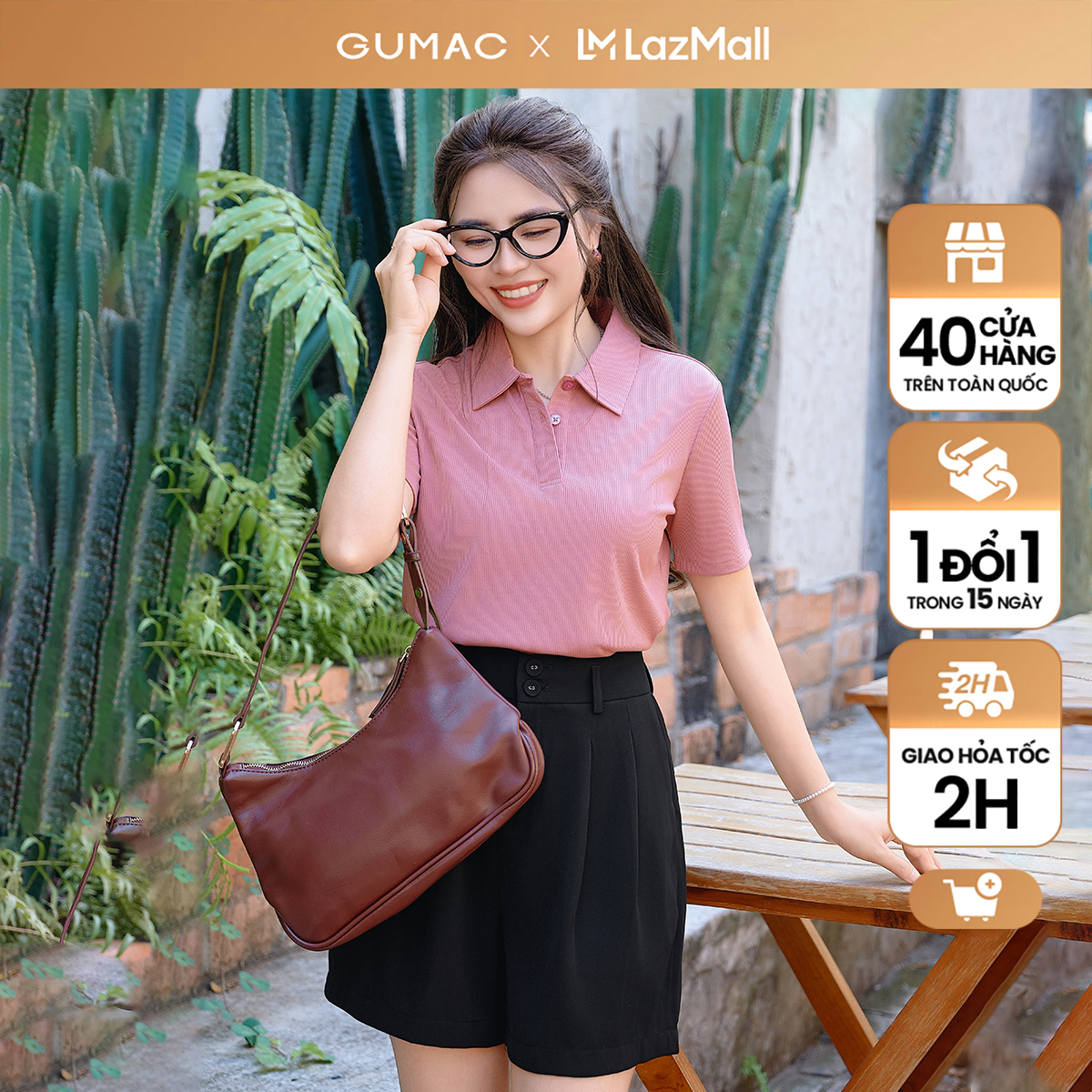 Áo thun polo nữ basic vải thun gân sọc mịn màu hồng - kem dày dặn mềm mát thời trang GUMAC PLF03003