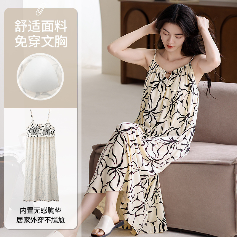 Womens Thin Modal Sleeping Dress Summer Spaghetti Strap Nightdress with Padded Loose Home Wear Elegant Plus Size Pajamas