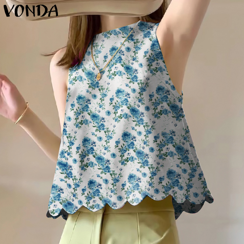 VONDA Womens Summer Fahsion Retro Rose Floral Print Sleeveless Tanks Tops Casual Round Neck A-Line Vests (Korean Floral) ราคา 143 บาท*ส่งฟรี