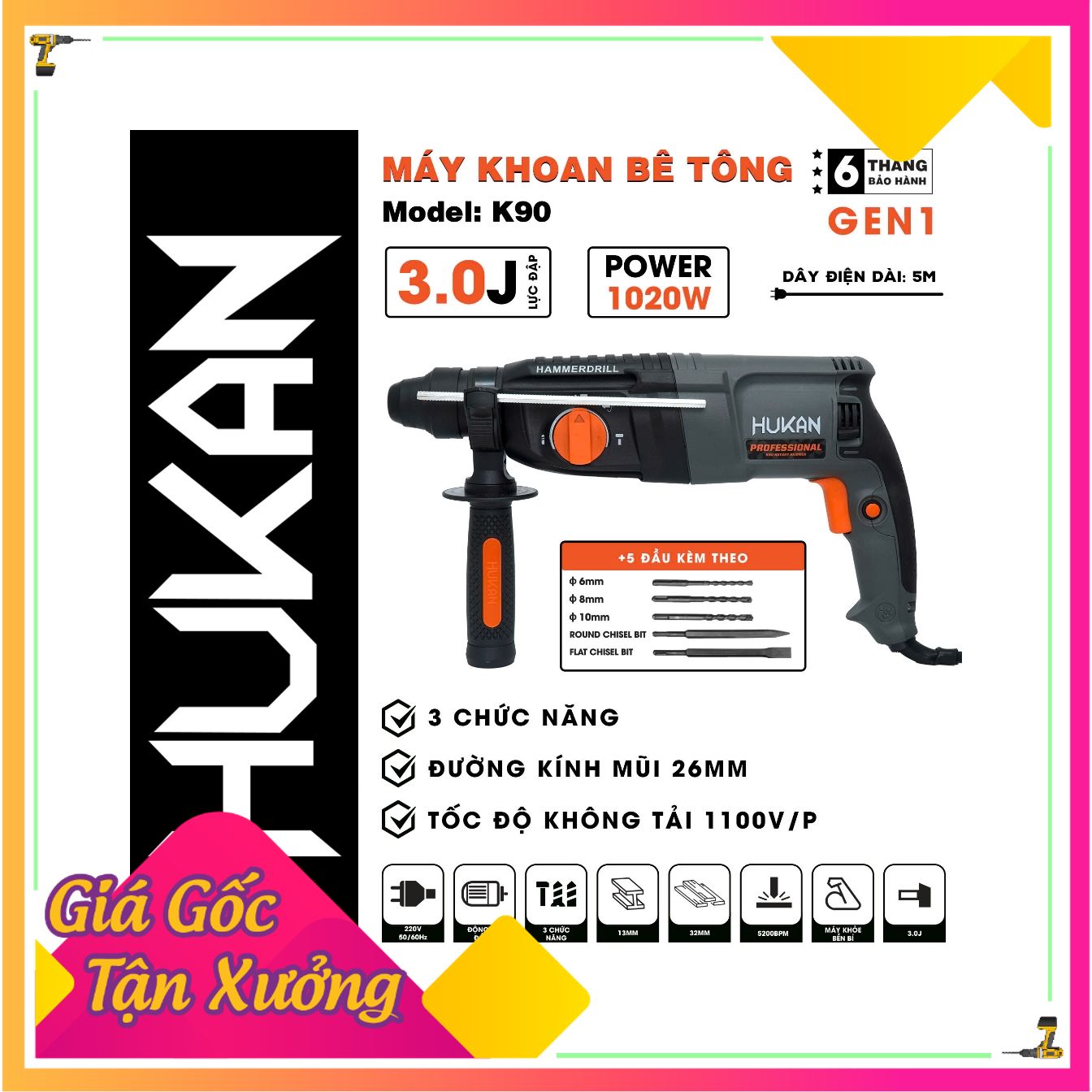 Máy Khoan bê tông điện ba chức năng HUKAN K90 công suất 1020W Tặng 5 mũi khoan và đục [Mẫu mới 2024]