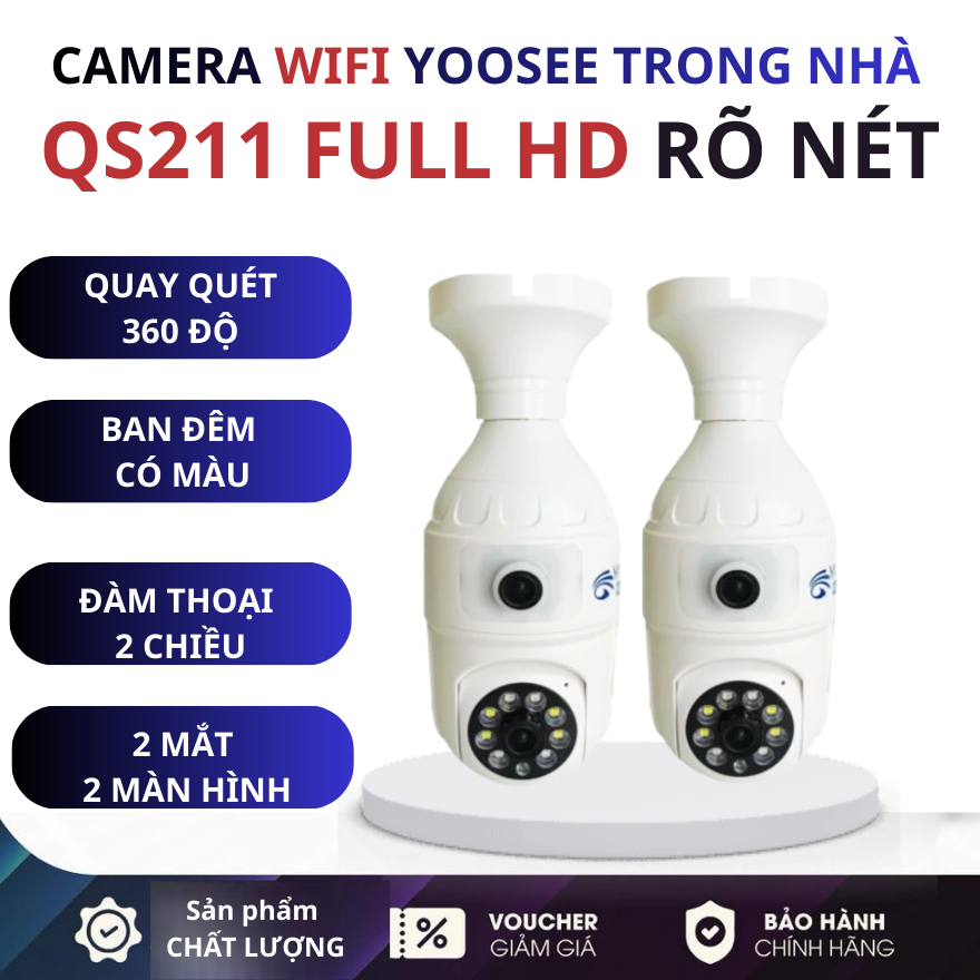 [QS211]Camera Wifi 2 MẮT Trong nhà Yoosee QS211 1080FHD RÕ NÉT, Xoay 360 độ, Đàm thoại 2 chiều, Có màu đêm