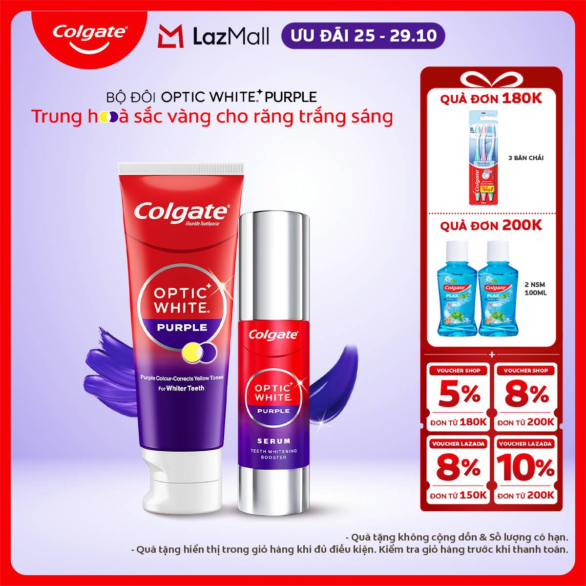Bộ đôi Colgate Optic White Purple: Serum và Kem đánh răng trắng răng, trung hòa sắc vàng tức thì