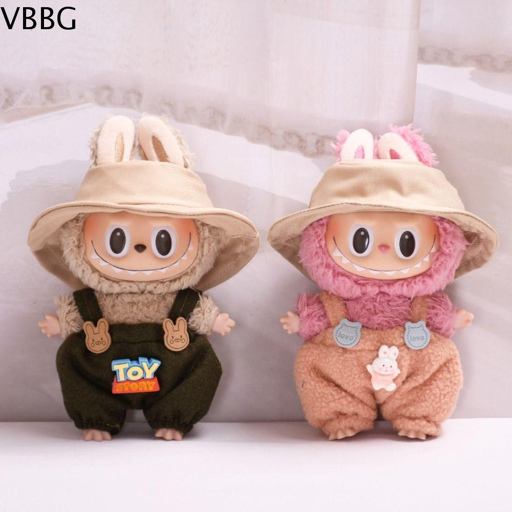VBBG Mũ may mắn Quần áo thời gian labubu 17cm Mũ nụ cười Quần Yếm thỏ Quần áo búp bê vải nhung lông 