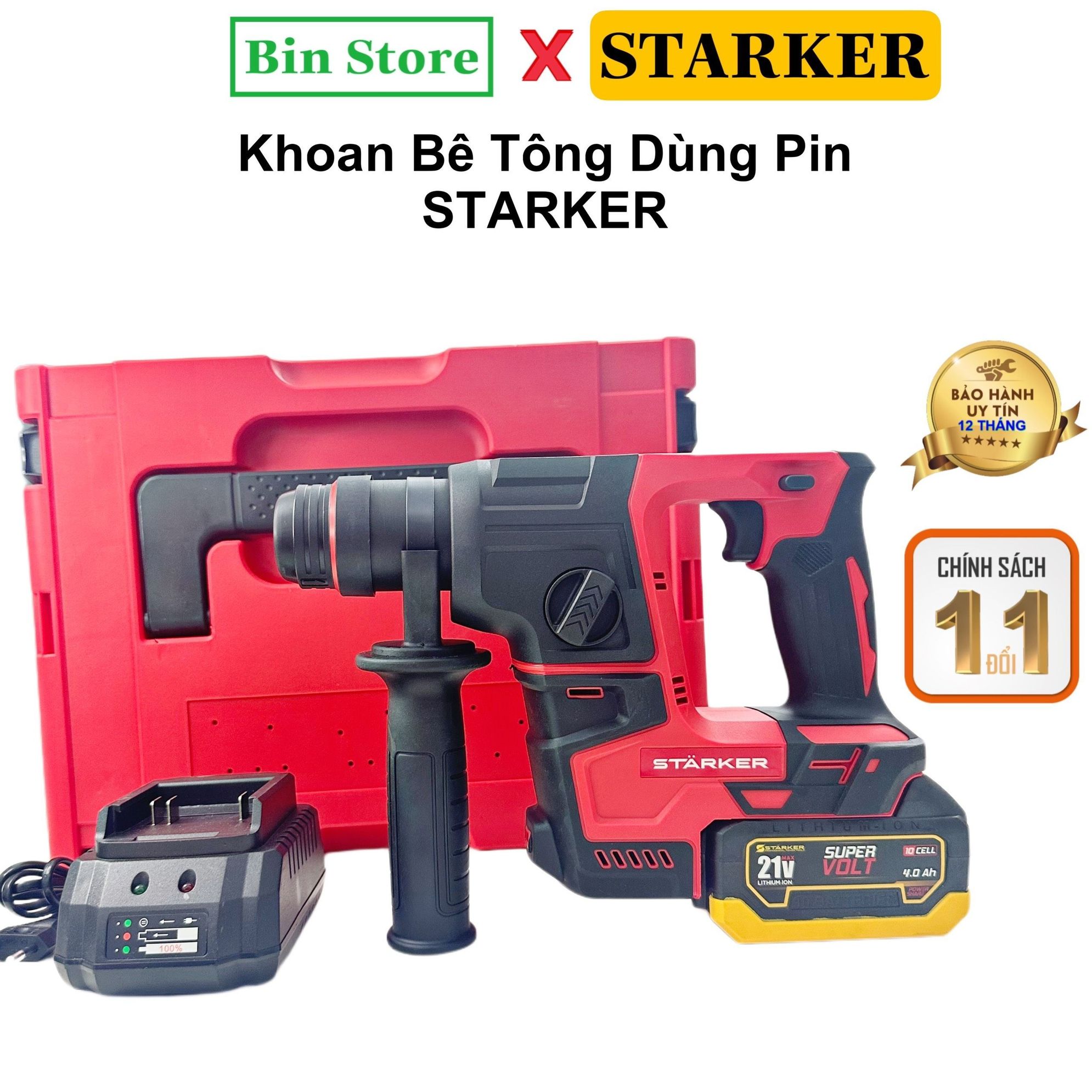 Khoan Bê Tông Dùng Pin Phổ Thông Chính Hãng STARKER - 2 Chức Năng - Bảo Hành 12 Tháng