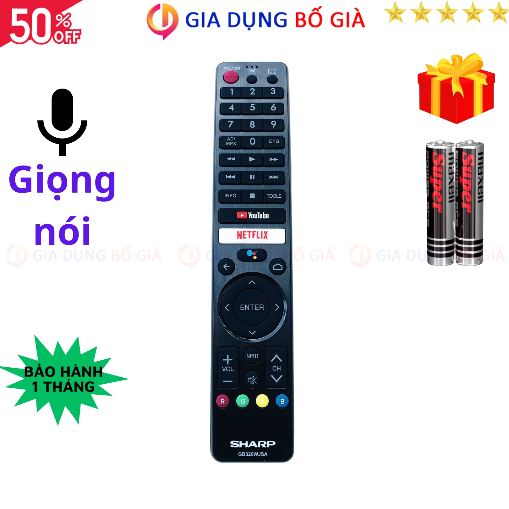 Remote điều khiển tivi SHARP Mã 08 GB326WJSA Giọng Nói, điều khiển TV SHARP Smart -Tặng pin - Gia Dụng Bố Già