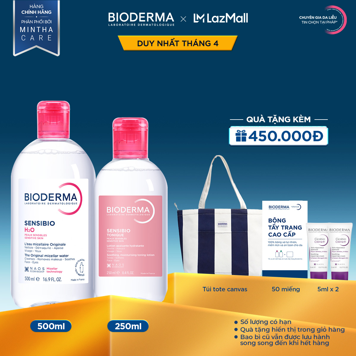 Bộ đôi nước tẩy trang làm sạch micellar cho da nhạy cảm Bioderma Sensibio H2O 500ml và dung dịch cân bằng, dưỡng ẩm 250ml