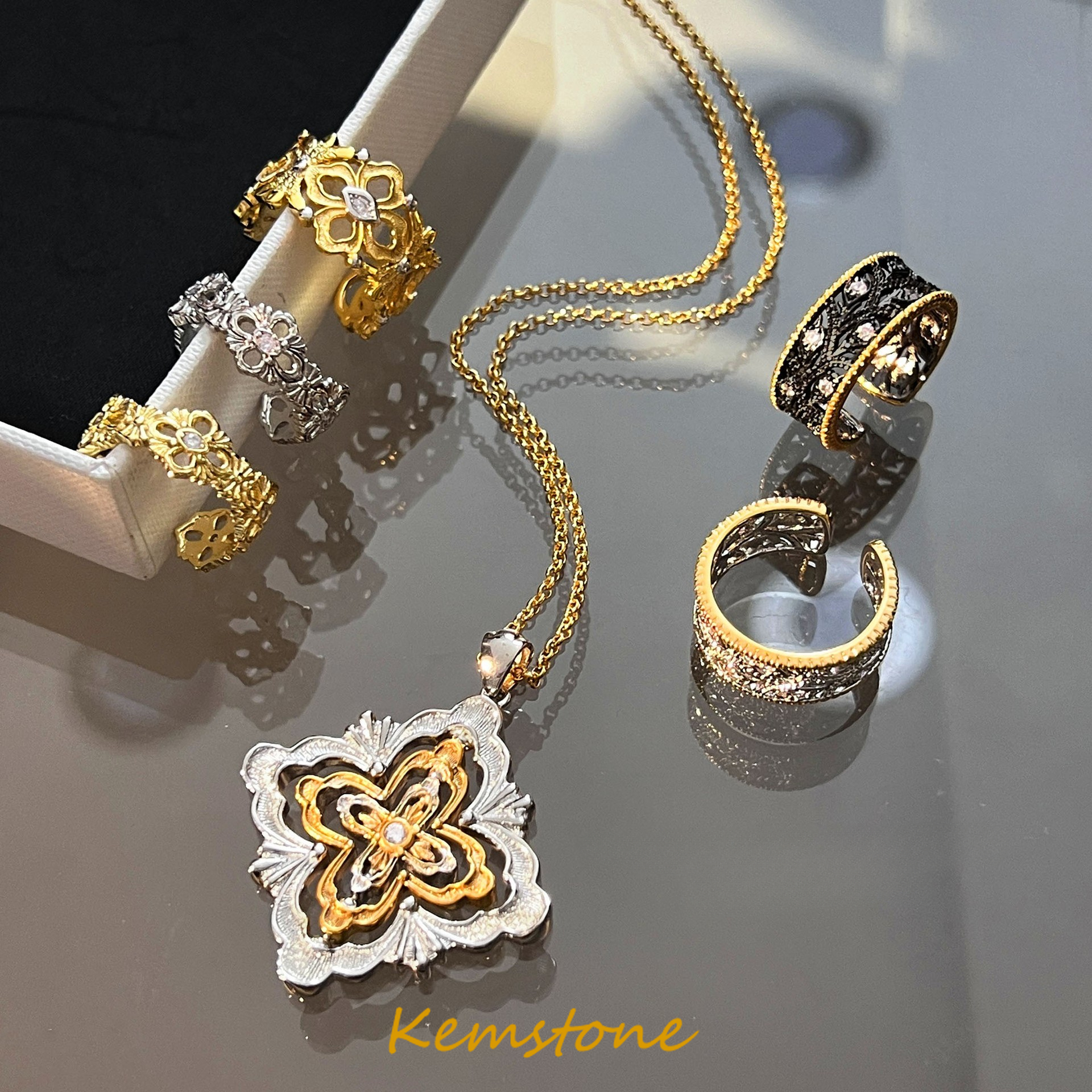 Kemstone Vintage Court Style Two Tone Handmade Brushed Iris Relief Pendant Necklace Ring Female Jewelry Gift ราคา 173 บาท*ส่งฟรี