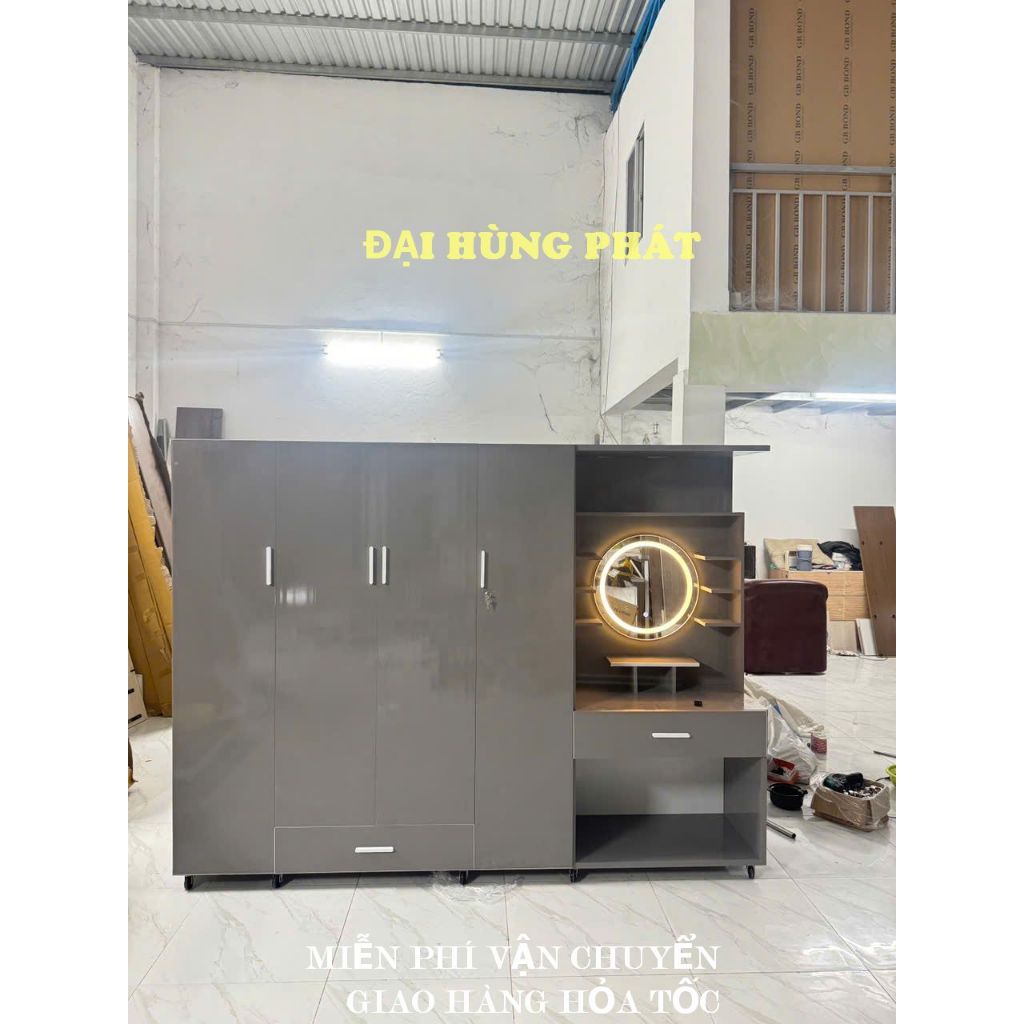 Tủ quần áo nhựa đài loan kèm bàn trang điểm màu xám sang trọng chất liệu tốt