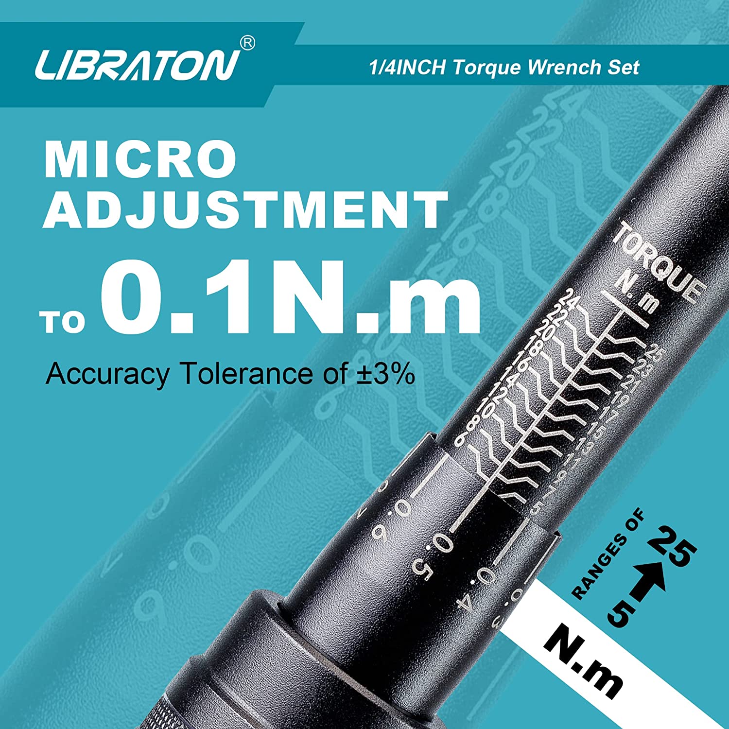 Libraton xe đạp cờ lê đo lực 1/4 '', 5-25Nm, 0.1nm Micro, ổ đĩa bấm vào cờ lê đo lực Bộ cờ lê, HEX, Torx/Sao bit ổ cắm, Thanh mở rộng