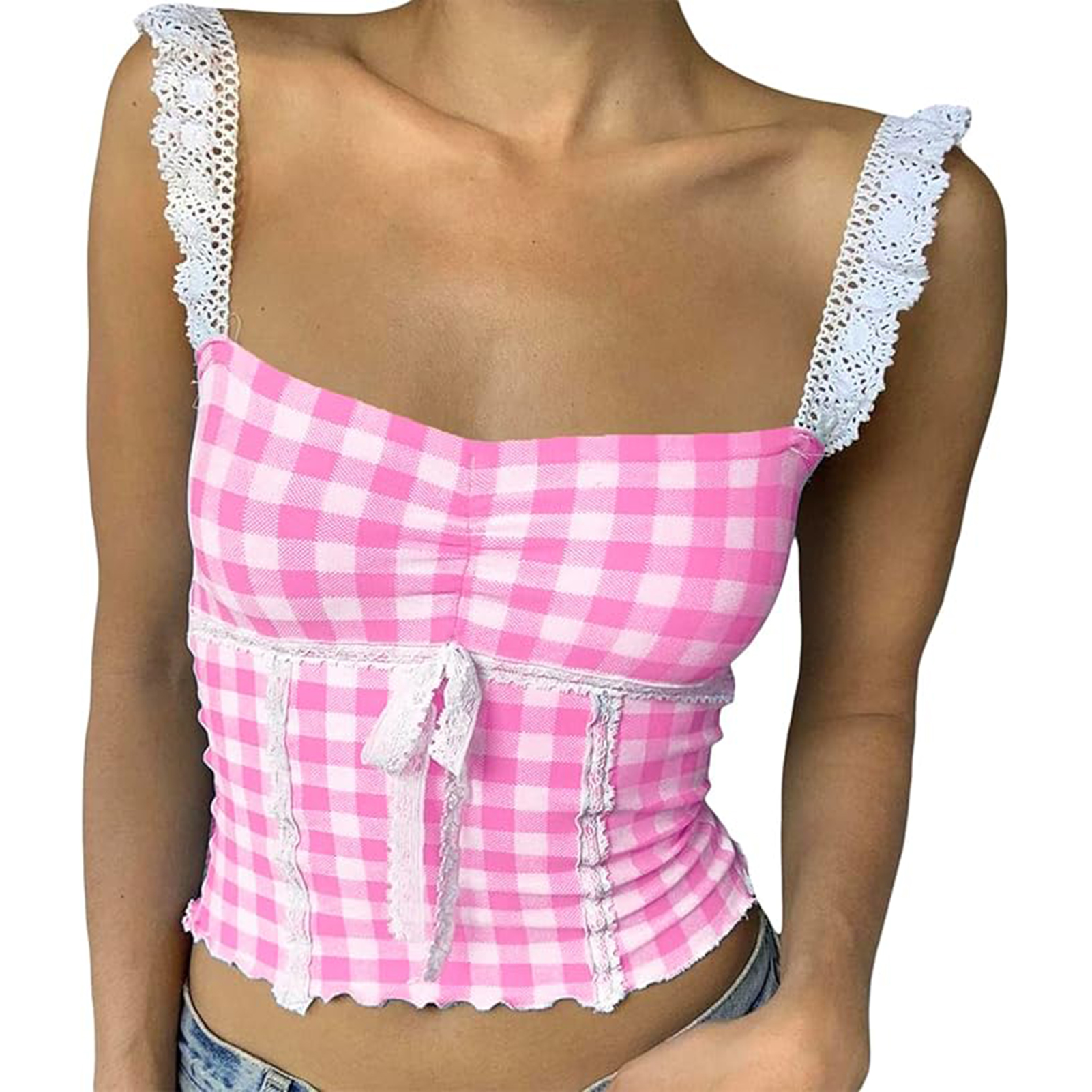 Benferry Kẻ Sọc áo ba lỗ bể nữ áo ba lỗ Sexy in kẻ sọc vuông áo ba lỗ Với Ren Chi Tiết Không Tay áo 