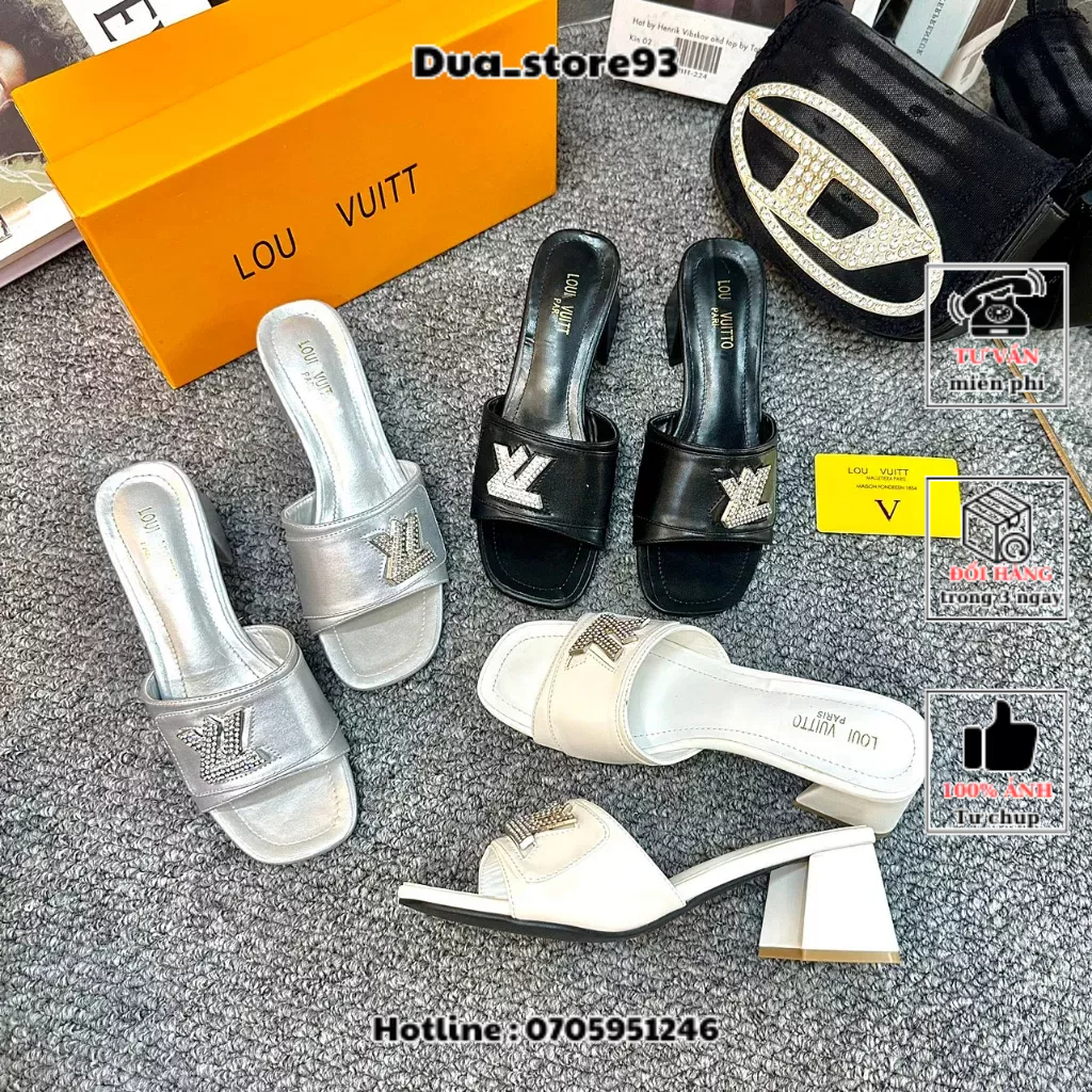 Guốc cao gót nữ quai ngang logo đá da mềm 5p fullbox
