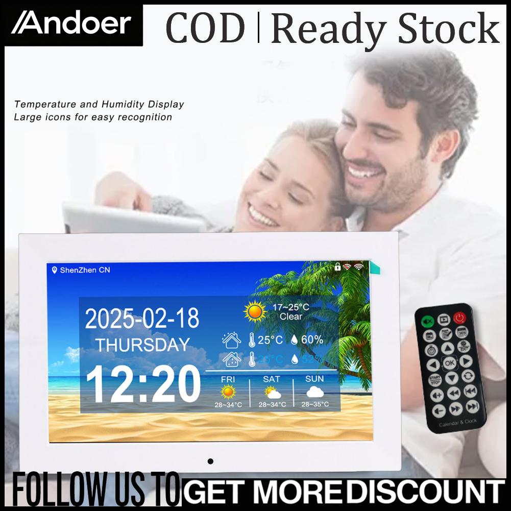 Andoer 10 นิ้วนาฬิกาดิจิตอล WiFi อัจฉริยะสภาพอากาศแบบเรียลไทม์อุณหภูมิความชื้น แสดงผล นาฬิกาดิจิตอลพร้อมตัวเตือนการเล่นวิดีโอรูปภาพรีโมทคอนโทรล ราคา 2,809 บาท*ส่งฟรี