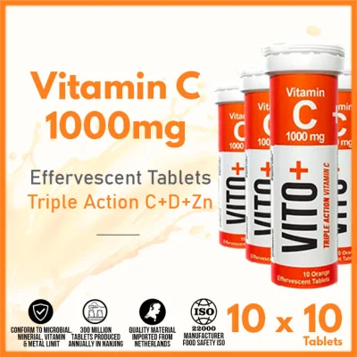 VITO+ Vitamin C Effervescent Tablet Triple Action C+D+Zn 【Family Pack 100s】- YDC Corporation