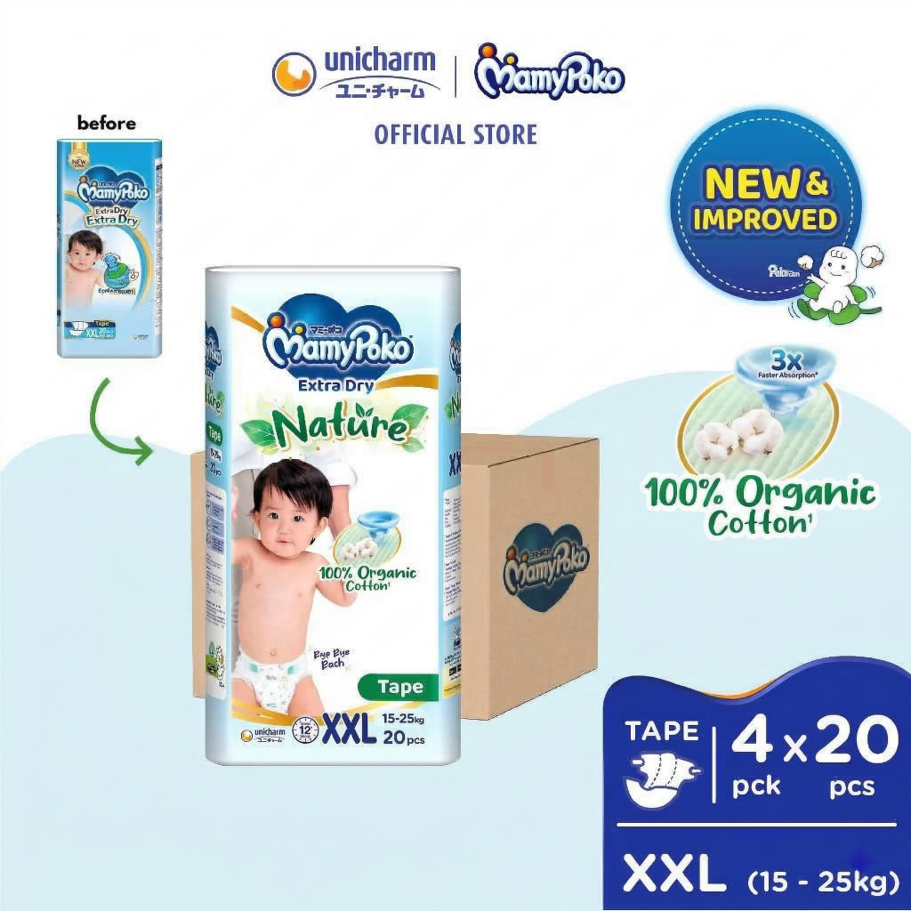 READY STOCK!!! MamyPoko Extra Dry Tape Diapers | 1 Box of 4 Packs | Extra Absorbent & Long-Lasting Dry (NB44/S38/M34/L30/XL26/XXL20)