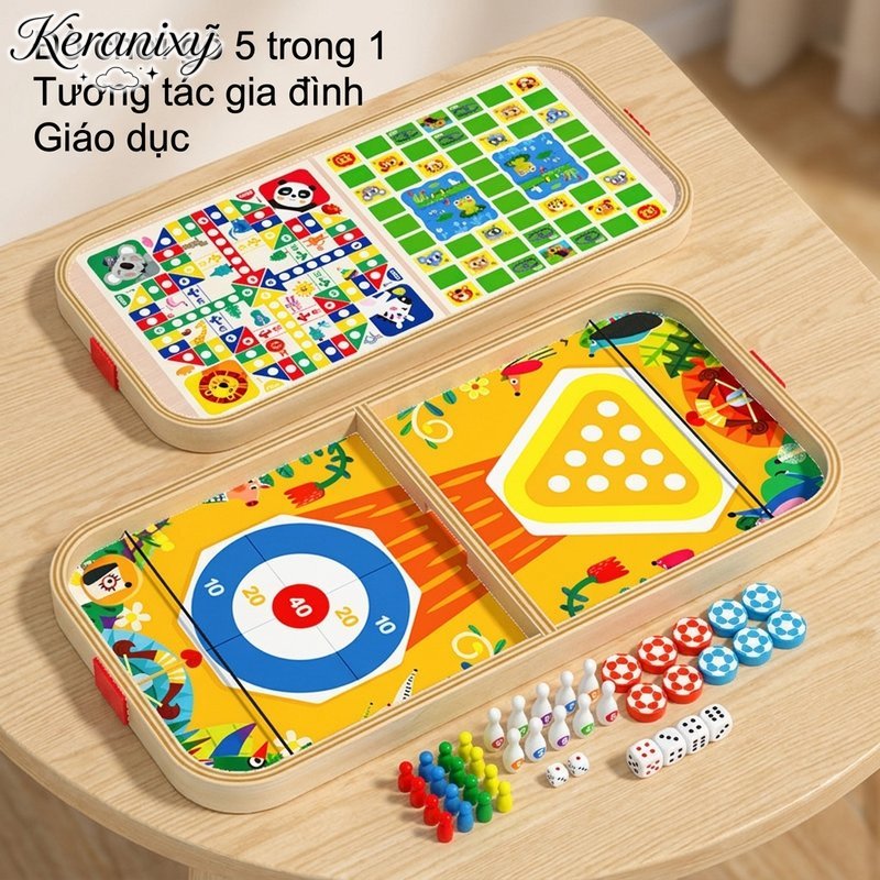 Keranixy Bộ đồ chơi gỗ đa năng 5 trong 1 board game mini bowling khúc côn cầu cờ đập tương tác gia đình rèn luyện phối hợp tay mắt