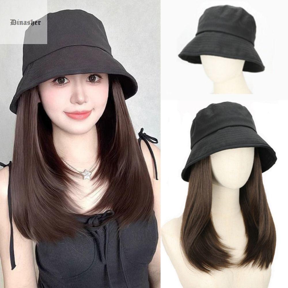 DINASHER Tổng hợp Tóc Giả Mũ ngư dân Mũ tai bèo Tóc giả Tóc Giả Mũ thẳng ngắn Đơn giản mềm mại Tóc Giả mũ che nắng mùa hè Phụ nữ