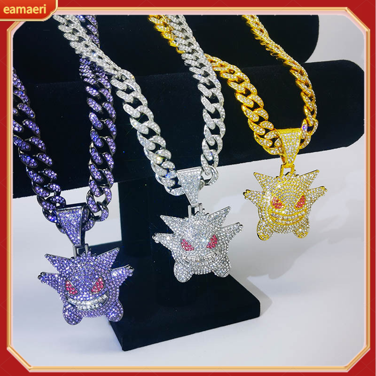 Cartoon Pendant Cuban Necklace Shiny Rhinestone Inlay Purple Golden Silver Color Alloy Men Women Necklace Fashion Accessories Gift ราคา 288 บาท*ส่งฟรี