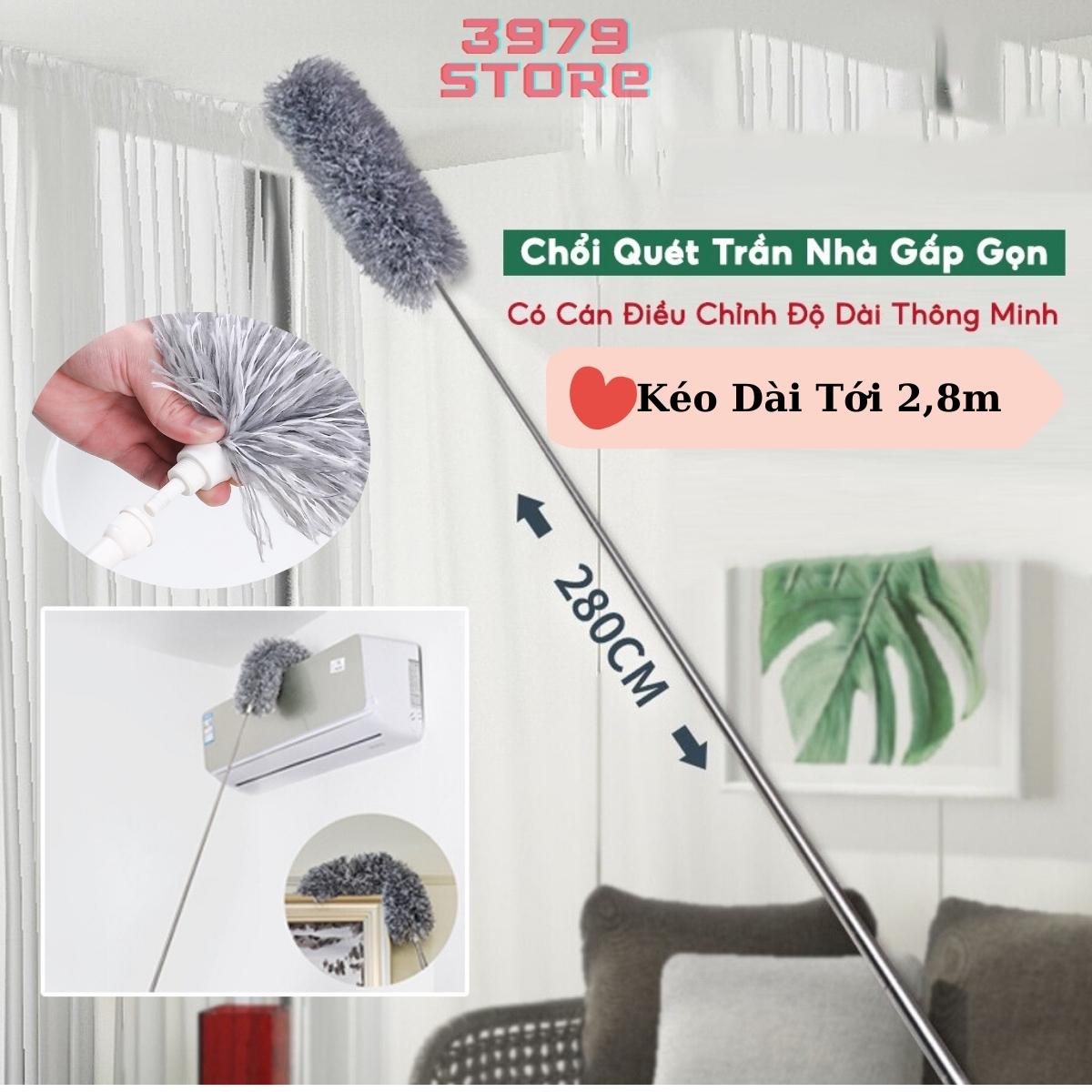Chổi Quét Trần Nhà Thân Inox Xếp Gọn Dài 2m8 - Xoay 360 Độ