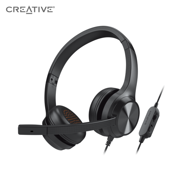 Creative Chat - 3.5 mm Stereo On-Ear Headset with Retractable Noise-Cancelling Condenser Mic, Mic Mute Switch, Volume Control Dial, for Work Calls on PC, Mac, and Mobile Devices Singapore