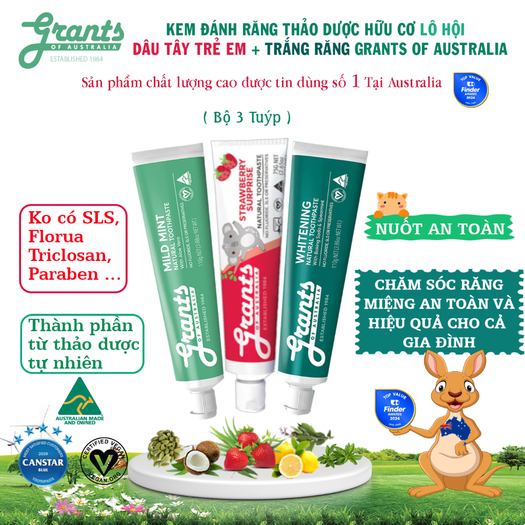 Kem đánh răng thảo dược hữu cơ Grants of Australia Bộ 3 tuýp -Lô Hội -Trắng Răng- Dâu Tây trẻ em