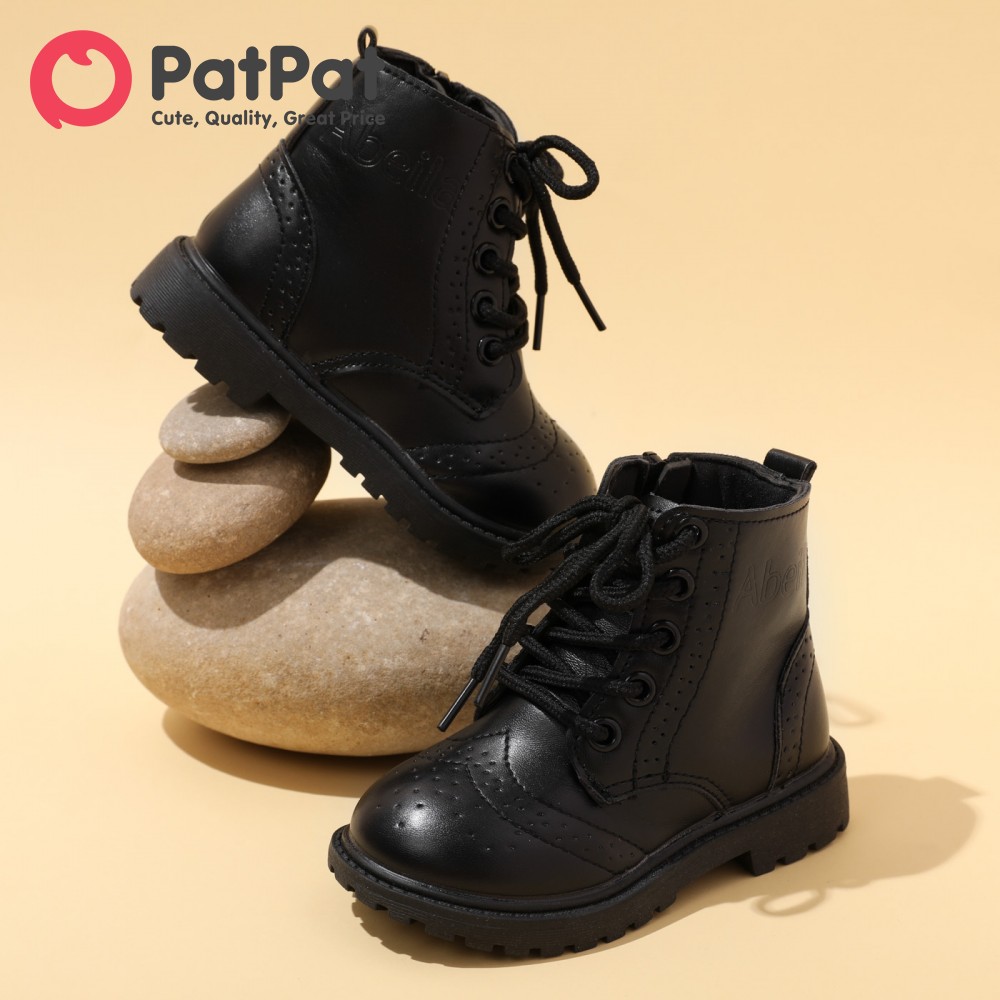Patpat Toddler / Kid khóa kéo bên hông thắt dây đằng trước bốt Đen