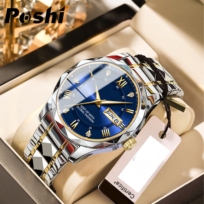 POSHI Original Men Watch Fashion Sport Casual Wristwatch Tungsten Steel Calendar Luminous Display Quartz Watches for Men Waterproof Clock + Box ราคา 229 บาท*ส่งฟรี