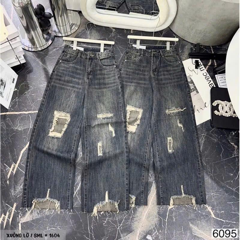 Quần bò jean nữ dáng lỡ ống suông rách gối rách lai - Size SML