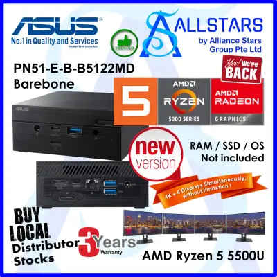 (ALLSTARS : We are Back/ Mini PC Promo) ASUS PN51 / PN51-E-B Ryzen5 5500U / PN51-E-B-B5122MD Barebone (NO RAM NO SSD) (AMD Ryzen 5 5500U / Intel WiFi 6 / BT5.0 / GBE LAN / HDMI+DP / USB3.2 Type-C x2 / USB3.2 Type-Ax3 / SD reader / Wireless Keyboard+Mouse)