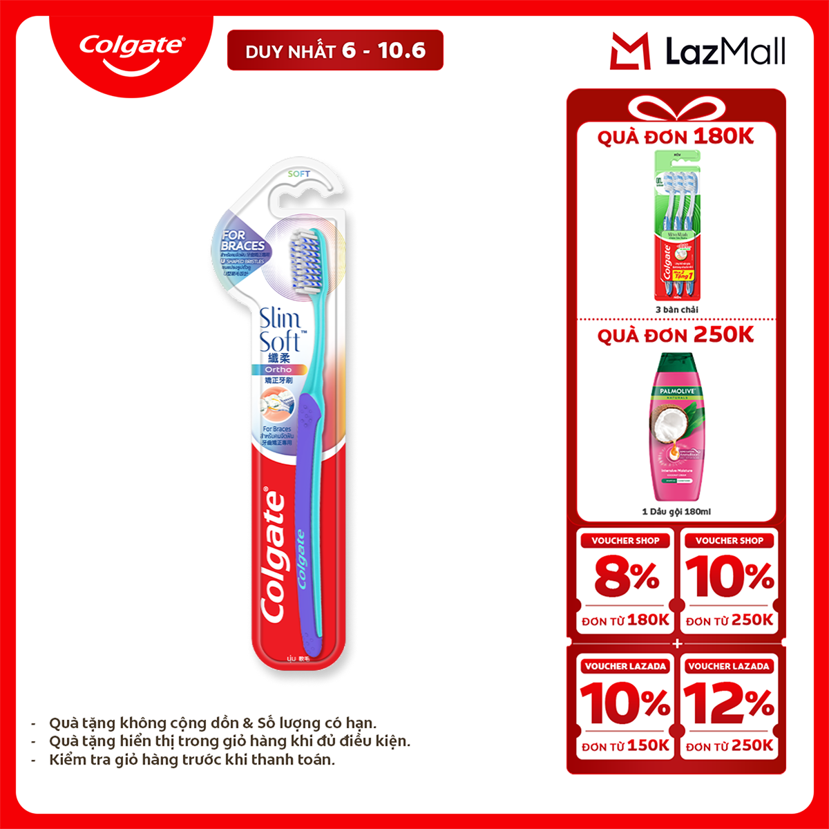 [Chỉ 6-10.6_X2 Voucher giảm 22%] Bàn chải Colgate Slimsoft Ortho lông chải mềm mại xếp hình U cho người niềng răng