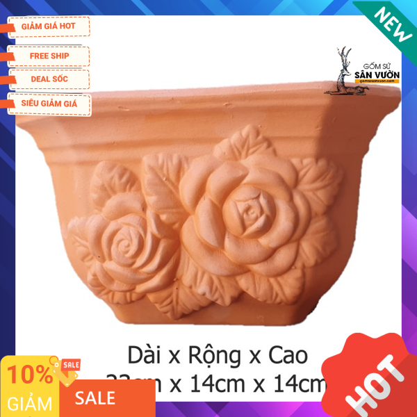 Chậu treo trồng cây gốm đất nung (terracotta) áp tường, vân hoa hồng, size NHỎ 23x14x13cm gốm sứ sân vườn Bình Dương