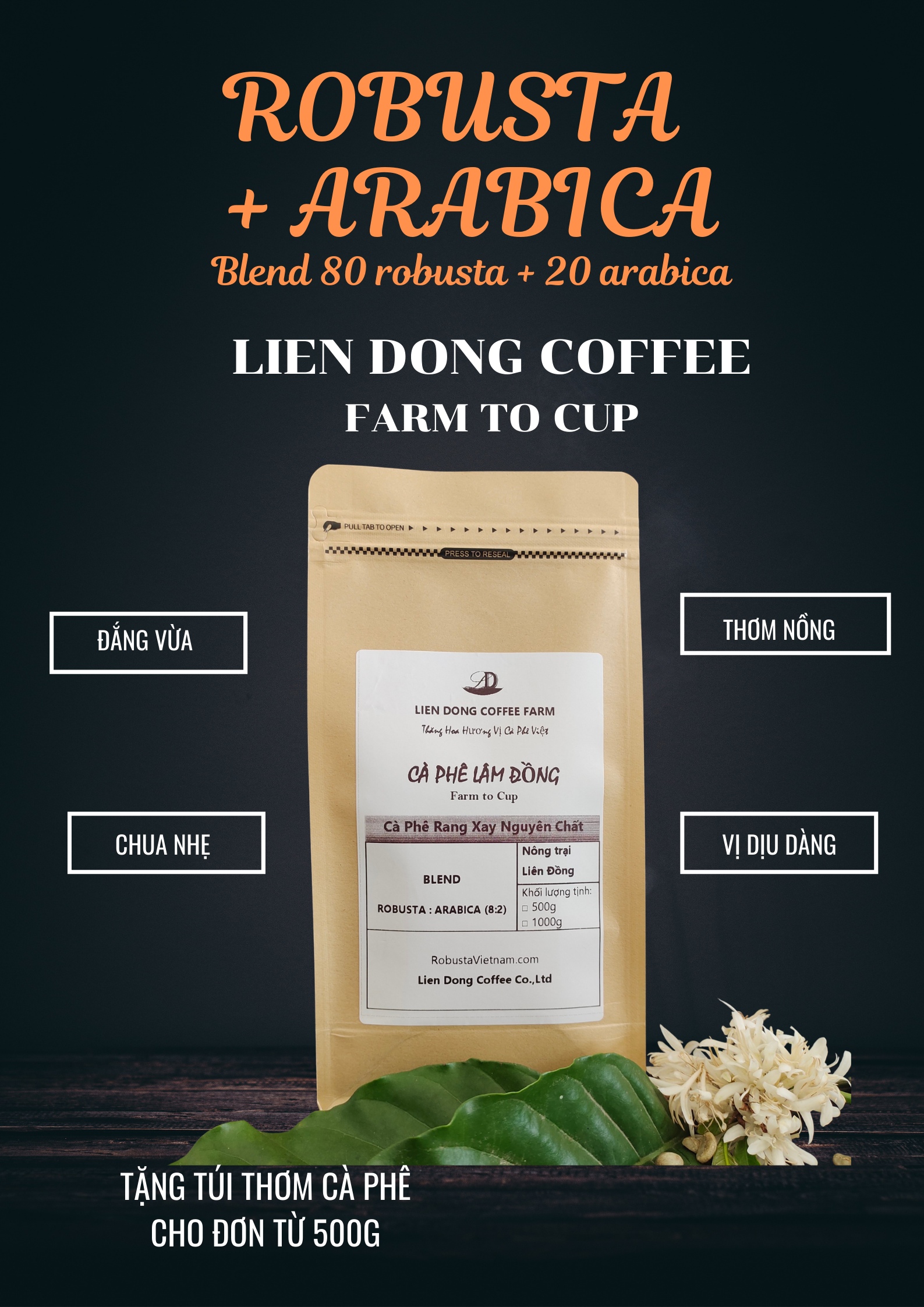 Cà phê Blend Robusta và Arabica CAFE nguyên chất rang mộc LIEN DONG bột