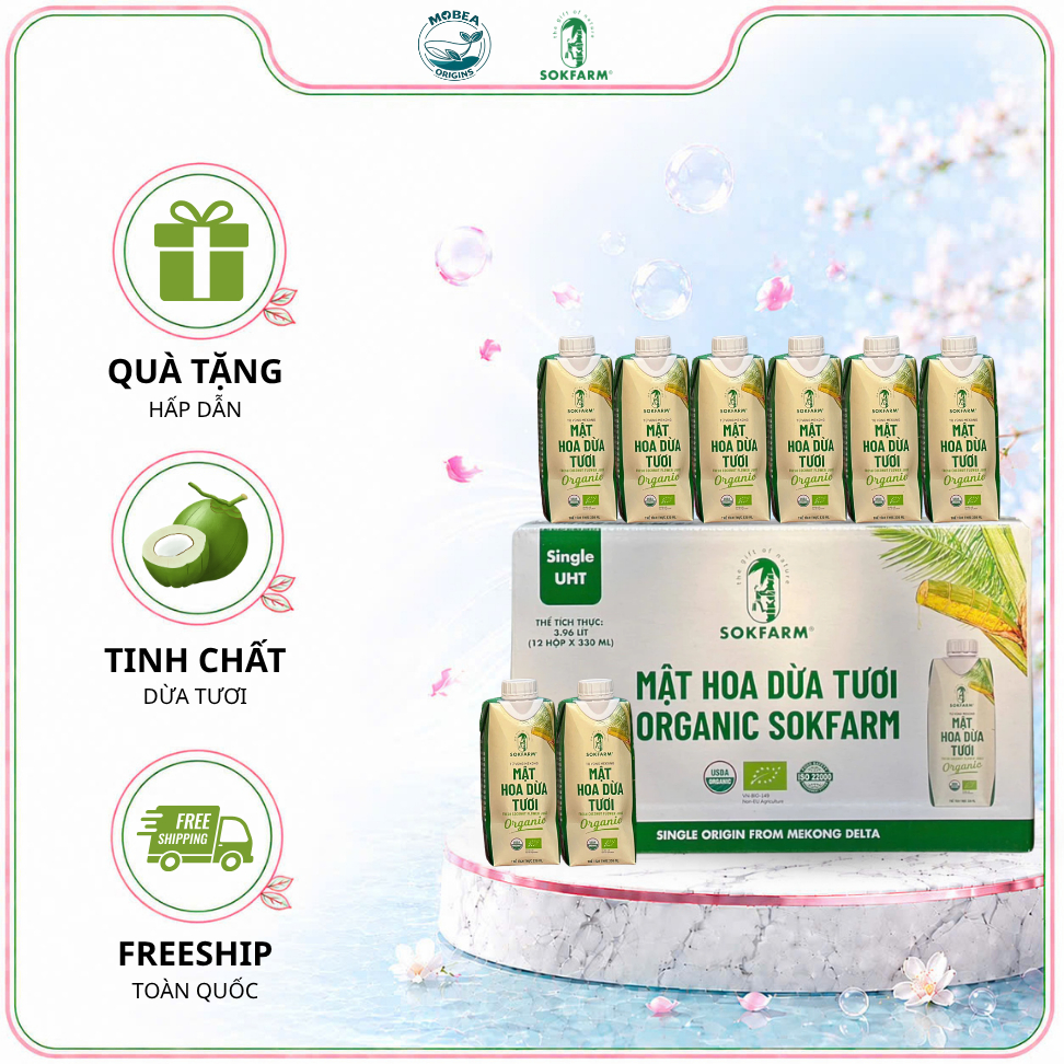 Mật hoa dừa tươi Organic Sokfarm 330ml [Combo 6 Hộp Giấy/1 thùng] Tiệt Trùng UHT Bù Khoáng Điện Giải