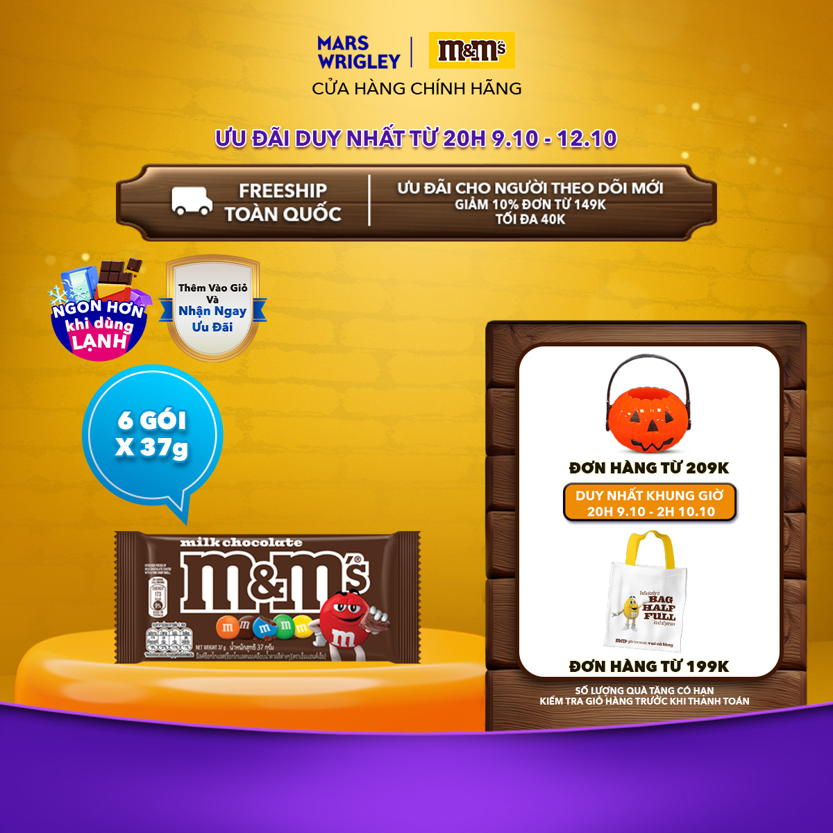 Combo 6 gói Kẹo Socola Sữa M&M'S 37g - Thức Ăn Vặt Socola - Snack