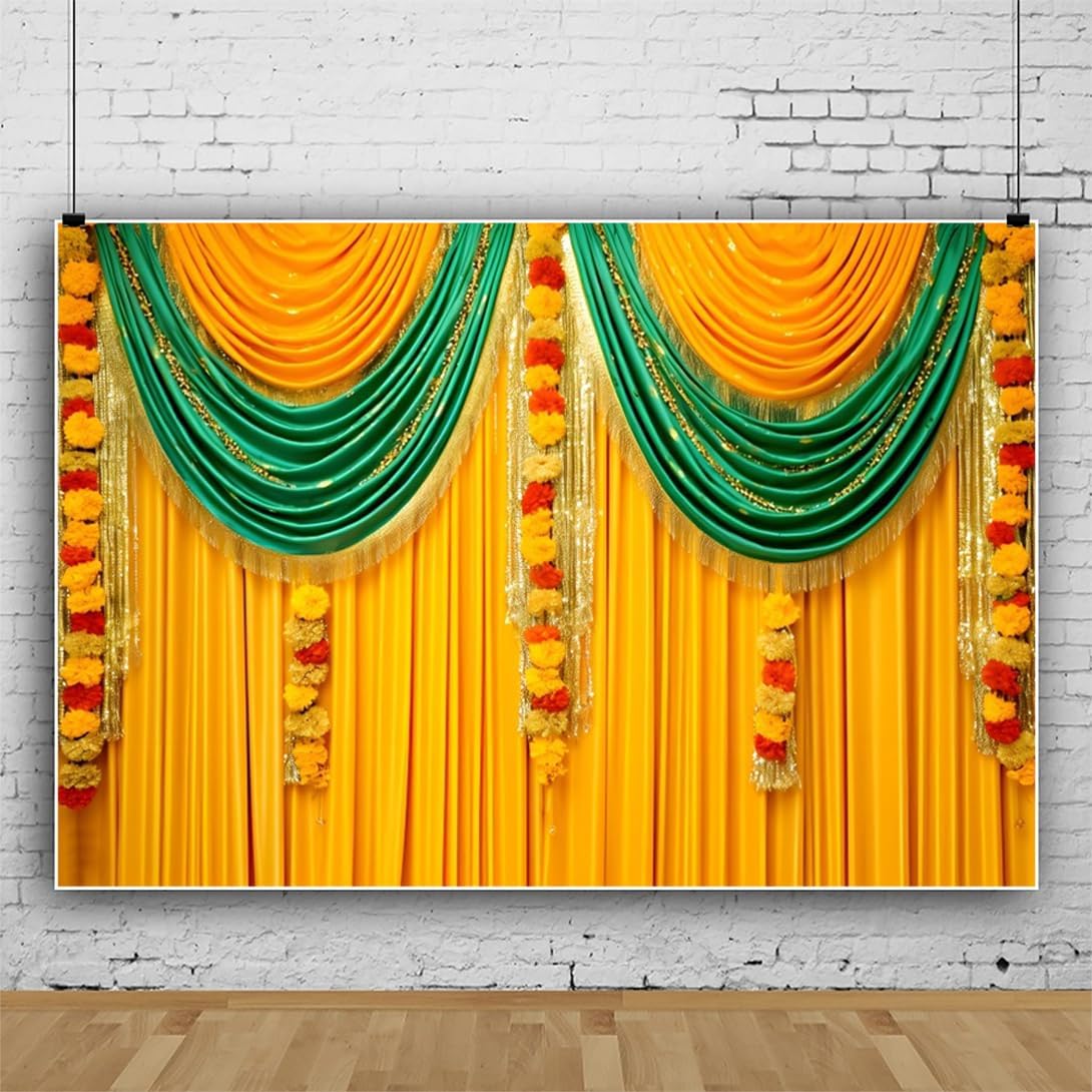 【A CUTE】 Indian Traditional Backdrop Yellow Green Curtain Photography Background Hindu Wedding Party