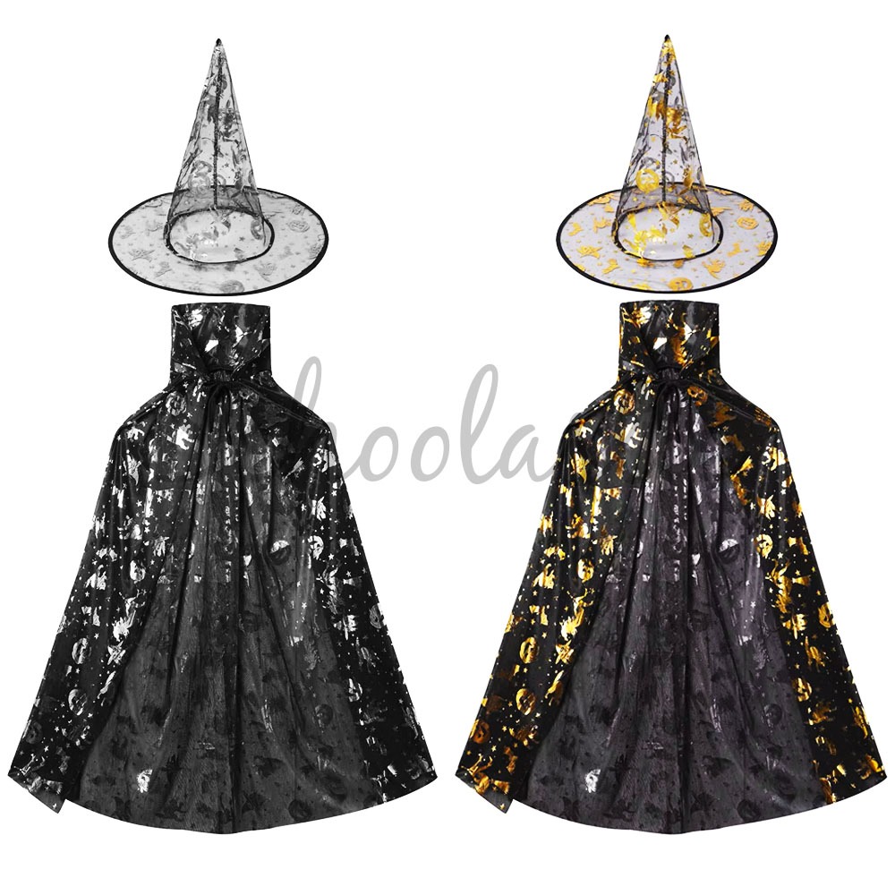Product photo of Witch hat and cape set, silver or gold print from its Lazada listing