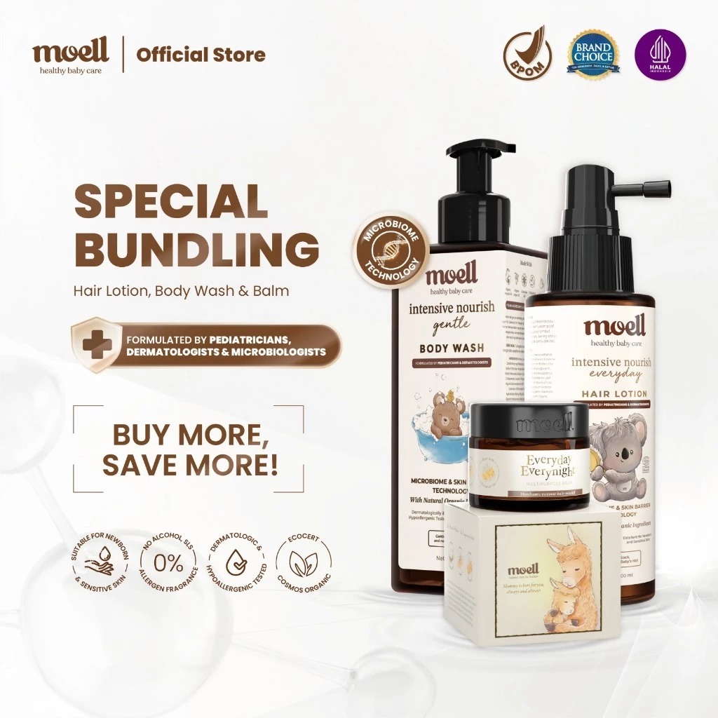 Moell - Paket Lengkap Skincare Bayi & Anak Hair Lotion 100ml & Multipurpose Balm 30gr & Physical Sunscreen 30gr & Body Lotion 185gr & Body Wash 185gr & Shampoo 185gr & Calming Rub Cream 50gr & Face Cream 40gr - Diformulasikan Oleh Dokter Kulit & Anak
