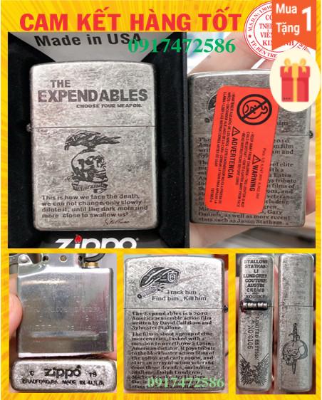 Bật Lửa Zippo Chim Đậu Đầu Lâu The Expendables Bạc Gỉa Cổ,  Vỏ đồng có tem đỏ