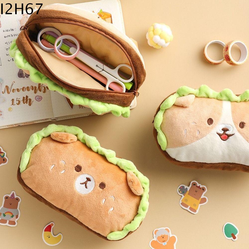 I2H67 Dễ thương Hài Hước Sinh viên Văn Phòng Phẩm Túi đựng mỹ phẩm Sức chứa lớn Túi đựng đồ để bàn Túi đựng bút chì hình chó Hamburger Túi trang điểm Hộp Bút Chì nhung lông Túi văn phòng phẩm