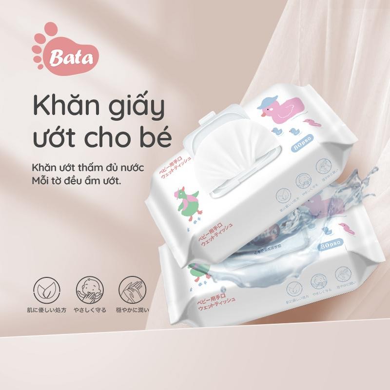 [QUÀ TẶNG 4 BỊCH] Khăn Giấy Ướt BATA An Toàn Cho Da Bé, Mềm Mại, Không Cồn, Nước Tinh Khiết 99%