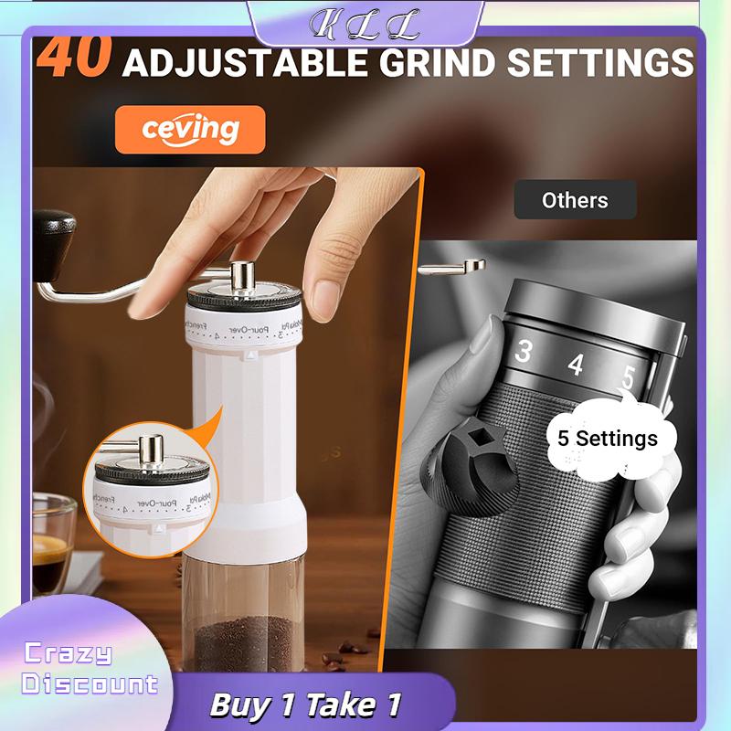 KLL Máy xay cà phê thủ công mini với 5 cài đặt 40 cài đặt có thể điều chỉnh, máy xay cà phê cầm tay có dung tích 30g
